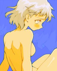 Rule 34 | 1girl, back, bad id, bad pixiv id, blue background, blue eyes, blush, breasts, completely nude, curtains, from behind, from side, grey hair, groin, highres, limited palette, looking down, medium breasts, no nipples, nude, profile, sakusankarmin, shizuku (game), short hair, sitting, solo, tareme, tearing up, tsukishima ruriko, upper body, white hair
