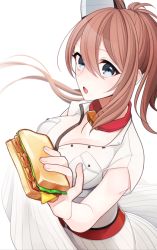 Rule 34 | 10s, 1girl, ascot, bad id, bad pixiv id, blue eyes, breast pocket, brown hair, dress, food, kantai collection, kisenka momi, long hair, looking at viewer, open clothes, open dress, pocket, ponytail, red ascot, sandwich, saratoga (kancolle), side ponytail, solo, white background, white dress