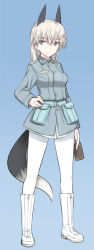 Rule 34 | 1girl, animal ears, blue eyes, blush, card, eila ilmatar juutilainen, long hair, looking at viewer, military, military uniform, pantyhose, shimada fumikane, silver hair, simple background, smile, solo, strike witches, tail, uniform, white pantyhose, world witches series