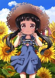 Rule 34 | 1girl, bad id, bad pixiv id, black hair, blue overalls, blue sky, child, cloud, commentary request, cowboy shot, day, double v, field, flower, flower field, forehead, hat, hat ribbon, itakurakou1993, long hair, looking at viewer, low twintails, original, outdoors, overall skirt, overalls, purple eyes, ribbon, shirt, short sleeves, sky, smile, solo, standing, straw hat, striped clothes, striped shirt, summer, sunflower, sunflower field, twintails, v, wind, wind lift