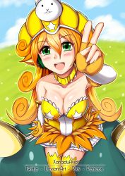 Rule 34 | 1girl, artist name, breasts, cleavage, collarbone, curly hair, day, gloves, green eyes, highres, kai (nyanko daisensou), large breasts, large hat, long hair, medium breasts, nyanko daisensou, open mouth, orange gloves, orange hair, outdoors, smile, solo, v, xanadu avici