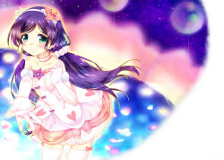Rule 34 | 10s, 1girl, bad id, bad pixiv id, breasts, dress, earrings, elbow gloves, flower, fur-trimmed gloves, fur trim, gloves, gradient background, green eyes, hair flower, hair ornament, hairband, heart, jewelry, leaning forward, long hair, looking at viewer, love live!, love live! school idol festival, love live! school idol project, medium breasts, pink gloves, ponton, purple hair, smile, solo, thighhighs, tojo nozomi, twintails