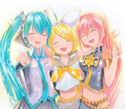 Rule 34 | 3girls, :d, ^ ^, aqua hair, bare shoulders, blonde hair, blush, closed eyes, detached sleeves, hair ornament, hatsune miku, headphones, headset, kagamine rin, long hair, mayo riyo, megurine luka, multiple girls, navel, necktie, open mouth, outstretched arms, pink hair, sample watermark, short hair, smile, traditional media, twintails, v, very long hair, vocaloid, watermark
