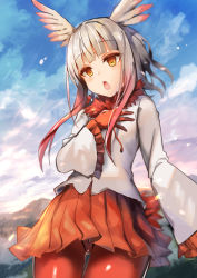 Rule 34 | 10s, 1girl, amamitsu kousuke, blue sky, blunt bangs, cloud, cloudy sky, day, gloves, head wings, japanese crested ibis (kemono friends), kemono friends, long sleeves, looking at viewer, multicolored hair, open mouth, outdoors, pantyhose, pleated skirt, red gloves, red hair, red pantyhose, shirt, skirt, sky, solo, tail, thigh gap, two-tone hair, white hair, white shirt, wings, yellow eyes