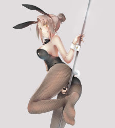 Rule 34 | 1girl, :q, animal ears, ass, between legs, breasts, brown eyes, brown hair, detached collar, fake animal ears, feet, fingernails, fishnet pantyhose, fishnets, from behind, from below, hair bun, hand between legs, highres, large breasts, legs, leotard, nail polish, no shoes, original, pantyhose, playboy bunny, pole, rabbit ears, rabbit tail, red eyes, rokusai, sideboob, single hair bun, soles, solo, tail, thighs, toes, tongue, tongue out, wrist cuffs