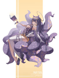 Rule 34 | 1girl, absurdres, artist request, black hair, book, breasts, cleavage cutout, clothing cutout, feet, gloves, halo, highres, hololive, hololive english, legw, long hair, looking at viewer, medium breasts, ninomae ina&#039;nis, platform clogs, purple hair, sandals, skirt, smile, tentacles, virtual youtuber, wings