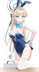 Rule 34 | 1girl, absurdres, animal ears, armpits, bare shoulders, blonde hair, blue archive, blue eyes, blue hairband, blue leotard, bow, bowtie, braid, breasts, cleavage, closed mouth, covered navel, detached collar, earpiece, earrings, educk, fake animal ears, fake tail, hair bow, hairband, halo, hand on own hip, highleg, highleg leotard, highres, holding, jewelry, leg up, leotard, long hair, looking at viewer, medium breasts, no shoes, official alternate costume, playboy bunny, rabbit ears, rabbit tail, solo, strapless, strapless leotard, stud earrings, tail, thighhighs, thighs, toki (blue archive), toki (bunny) (blue archive), very long hair, white thighhighs, wrist cuffs
