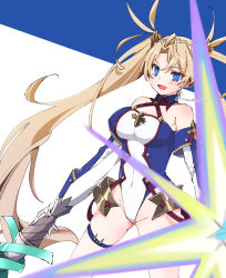 Rule 34 | 1girl, armor, bare shoulders, blonde hair, blue eyes, blue gloves, blue leotard, blush, bradamante (fate), bradamante (first ascension) (fate), braid, breasts, citron80citron, cleavage, crown braid, elbow gloves, energy barrier, energy shield, fate/grand order, fate (series), faulds, gloves, highleg, highleg leotard, highres, large breasts, leotard, long hair, looking at viewer, open mouth, scepter, smile, solo, thigh strap, thighs, twintails, two-tone gloves, two-tone leotard, very long hair, white gloves, white leotard