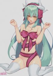 Rule 34 | 1girl, arms up, bare arms, bare shoulders, bdsm, blush, bondage, bound, breasts, breasts squeezed together, cameltoe, collarbone, commentary request, dragon girl, dragon horns, eyes visible through hair, fate/grand order, fate (series), green hair, grey background, groin, hair between eyes, headdress, heart, heart-shaped pupils, highres, horns, kiyohime (fate), lace, lace-trimmed ribbon, lace trim, large breasts, lips, long hair, looking at viewer, muted color, naked ribbon, navel, no shoes, parted lips, partially visible vulva, pink ribbon, ribbon, ribbon bondage, shiny skin, sidelocks, simple background, sitting, solo, symbol-shaped pupils, thighhighs, twitter username, very long hair, wariza, white thighhighs, yellow eyes, you06