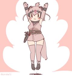 Rule 34 | 1girl, animal ears, arms up, coroha, elbow gloves, extra ears, full body, gloves, japanese clothes, jumping, kamaichi (kemono friends), kemono friends, kimono, looking at viewer, ninja, pink background, pink hair, sandals, scarf, short hair, simple background, sleeveless, solo, tail, thighhighs, weasel ears, weasel girl, weasel tail, zouri