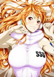 Rule 34 | 1girl, absurdres, highres, hooded leotard, leotard, lips, long hair, looking at viewer, nami (one piece), nami (one piece) (egghead), nel-zel formula, one piece, shiny skin, vest, white leotard