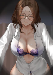 Rule 34 | 1girl, blush, bra, breasts, brown eyes, brown hair, cleavage, collared shirt, commentary request, curtains, dress shirt, girl on top, glasses, lace, lace-trimmed bra, lace trim, long hair, looking at viewer, navel, open clothes, open shirt, original, outstretched arms, pink lips, pov, purple bra, see-through, shirt, skysign ft, smile, solo, thighs, underwear, white shirt