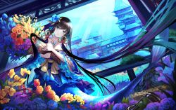 Rule 34 | 1girl, absurdres, architecture, bare shoulders, black hair, blue eyes, blue flower, blue rose, breasts, building, chinese commentary, cleavage, commentary request, dress, east asian architecture, fish, flower, hair flower, hair ornament, highres, jewelry, kiek qaq, long hair, looking at viewer, low twintails, medium breasts, mermaid, monster girl, original, parted lips, purple flower, purple rose, red flower, red rose, rose, scales, solo, twintails, underwater, yellow flower, yellow rose