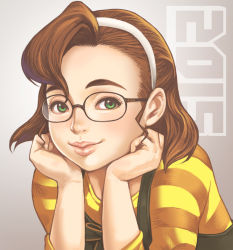 Rule 34 | 10s, 1girl, 2015, alicuu girls maximum: bahamut, bad id, bad pixiv id, eyebrows, glasses, hairband, head rest, lips, looking at viewer, maou alba, nose, original, purin-ko, smile, solo, striped, thick eyebrows, upper body