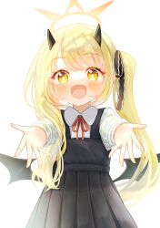 Rule 34 | 1girl, :d, black dress, black horns, black ribbon, black wings, blonde hair, blue archive, bright pupils, collared shirt, commentary, demon girl, demon horns, demon wings, dress, hair ribbon, halo, highres, horns, ibuki (blue archive), long hair, long sleeves, looking at viewer, low wings, neck ribbon, open mouth, pinafore dress, pleated dress, reaching, reaching towards viewer, red ribbon, ribbon, shirt, simple background, sleeveless, sleeveless dress, smile, solo, steam0315, very long hair, white background, white pupils, white shirt, wings, yellow eyes, yellow halo