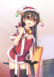 Rule 34 | 10s, 1girl, :d, artist name, bell, belt, belt buckle, black hair, black thighhighs, blush, bow, box, breasts, brown eyes, buckle, chair, christmas, christmas lights, christmas ornaments, cleavage cutout, clothing cutout, dress, fur trim, gift, gift box, hair ornament, haruna (kancolle), hat, holding, holding gift, kantai collection, kuro-kun (nablack), long hair, looking at viewer, low-cut, office chair, open mouth, santa costume, santa hat, sideboob, simple background, small breasts, smile, solo, swivel chair, thighhighs, v-neck, zettai ryouiki