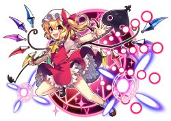 Rule 34 | 1girl, ascot, blonde hair, crystal, danmaku, fang, flandre scarlet, frills, full body, hat, hat ribbon, laevatein, looking at viewer, magic circle, mary janes, masaru.jp, mob cap, open mouth, outstretched arms, petticoat, puffy sleeves, red eyes, ribbon, roman numeral, shirt, shoes, short hair, short sleeves, side ponytail, skirt, skirt set, smile, socks, solo, touhou, upskirt, vest, white background, white socks, wings, wrist cuffs