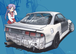 Rule 34 | blue background, blue eyes, blush, bride (brand), car, highres, hiiragi kagami, long hair, looking at viewer, lucky star, motor vehicle, neckerchief, nissan, nissan s14 silvia, nissan silvia, pleated skirt, purple hair, red neckerchief, red sailor collar, red skirt, sailor collar, school uniform, serafuku, shadow, shirt, signature, simana, skirt, solo, spoiler (automobile), sports car, twintails, vehicle focus, white car, white shirt, zoom layer