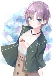 Rule 34 | 1girl, antenna hair, asakura toru, beige skirt, belt, blue eyes, blush, collarbone, earrings, ecleil, floral print, green jacket, highres, idolmaster, idolmaster shiny colors, jacket, jewelry, looking at viewer, multicolored hair, necklace, parted bangs, shirt, shirt tucked in, short hair, skirt, smile, solo, two-tone hair, upper body, v-neck, white background, white shirt