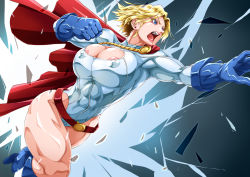 Rule 34 | 1girl, abs, areola slip, belt, blonde hair, blue eyes, blue gloves, blue legwear, boots, breasts, broken glass, cape, cleavage, cleavage cutout, clothing cutout, flying, glass, gloves, highleg, highleg leotard, ikumo taisuke, imminent punch, large breasts, leotard, lips, muscular, muscular female, open mouth, power girl, red cape, short hair, simple background, skin tight, solo, superhero costume