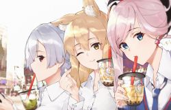 Rule 34 | 3girls, animal ears, blue eyes, blue neckwear, blue sweater, brown eyes, bubble tea, commentary request, cup, dress shirt, drinking straw, earrings, fang, fate/grand order, fate (series), fox ears, hair between eyes, hair ornament, handheld game console, highres, holding, holding handheld game console, jewelry, leaf earrings, light brown hair, long hair, miyamoto musashi (fate), multiple girls, necktie, one eye closed, pink hair, playing games, red eyes, shirt, silver hair, suzuka gozen (fate), sweater, tomoe gozen (fate), upper body, vegetablenabe, white shirt