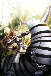 Rule 34 | 10s, 1girl, animal ears, armor, armored boots, armored dress, bad id, bad pixiv id, black gloves, blonde hair, boots, braid, breastplate, ccd, day, faulds, fingerless gloves, forest, gloves, grey eyes, highres, holding, holding weapon, kemono friends, knight, lance, long hair, armored boots, nature, open mouth, outdoors, pauldrons, plains zebra (kemono friends), polearm, reins, riding, savanna striped giant slug (kemono friends), shoulder armor, solo, weapon, white rhinoceros (kemono friends)