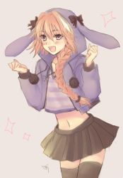 Rule 34 | 1boy, alternate legwear, animal ears, animal hood, astolfo (fate), astolfo (memories at trifas) (fate), bad id, bad twitter id, blush, braid, rabbit hood, fang, fate/apocrypha, fate (series), hair ribbon, hood, long hair, looking at viewer, male focus, midriff, navel, official alternate costume, open mouth, pink hair, purple eyes, rabbit ears, ribbon, single braid, smile, solo, trap, usanagi
