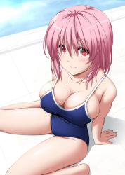 Rule 34 | 1girl, arm support, arms behind back, bare arms, bare shoulders, blue one-piece swimsuit, blush, breasts, cleavage, closed mouth, collarbone, commentary, commentary request, competition school swimsuit, hair between eyes, large breasts, looking at viewer, no headwear, nori tamago, one-piece swimsuit, photoshop (medium), pink hair, reclining, red eyes, saigyouji yuyuko, school swimsuit, short hair, sitting, skindentation, smile, solo, sweat, swimsuit, touhou, wariza, water