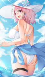 Rule 34 | 1girl, absurdres, ass, ass grab, back, bikini, blue eyes, blue sarong, blue sky, breasts, cloud, commentary request, day, from behind, gr greeze, grabbing own ass, hair between eyes, hat, highres, honkai: star rail, honkai (series), honkai impact 3rd, large breasts, looking at viewer, looking back, march 7th (honkai: star rail), medium hair, mixed-language commentary, ocean, outdoors, pink hair, sarong, shoulder blades, sky, smile, solo, sun hat, swimsuit, teeth, thigh strap, upper teeth only, wading, wet, white bikini, white hat