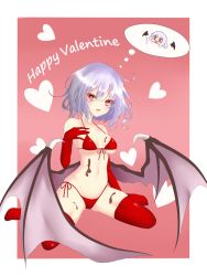 Rule 34 | 1girl, alternate breast size, bat wings, bikini, black wings, blue hair, bob cut, breasts, chocolate, commentary, dai zu san, elbow gloves, english commentary, english text, food on body, front-tie bikini top, front-tie top, gloves, halterneck, happy valentine, highres, imagining, looking at viewer, low wings, medium breasts, outside border, parted lips, red bikini, red eyes, red gloves, red thighhighs, remilia scarlet, short hair, side-tie bikini bottom, sitting, smile, solo, swimsuit, thighhighs, thought bubble, touhou, translated, wariza, wings