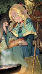 1girl absurdres blonde_hair blue_capelet blue_robe bowl braid bug capelet choker chopsticks commentary cooking_pot dress dungeon_meshi eating elf green_dress green_eyes highres holding holding_bowl holding_chopsticks hot_plate hotpot long_hair long_sleeves marcille_donato multiple_braids nabe pointy_ears red_choker robe silvertsuki sitting solo staff