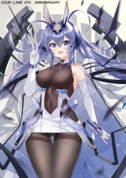 Rule 34 | 1girl, :d, absurdres, anniversary, armpit crease, azur lane, bare shoulders, black leotard, black pantyhose, blue eyes, blue hair, breasts, chinese commentary, clothing cutout, coat, coat on shoulders, commentary request, covered collarbone, covered navel, cowboy shot, dress, elbow gloves, floating hair, gloves, hair between eyes, hair intakes, hand up, headgear, highres, jie xian (tsuki), large breasts, leotard, long hair, looking at viewer, new jersey (azur lane), open mouth, pantyhose, partial commentary, side cutout, sidelocks, simple background, smile, solo, standing, thigh gap, thighband pantyhose, v, very long hair, white background, white coat, white dress, white gloves