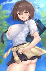 Rule 34 | 1girl, ahoge, ana (vvvvor), ass, azur lane, bag, baltimore (after-school ace) (azur lane), baltimore (azur lane), beige cardigan, beige sweater, black choker, black necktie, black skirt, blue panties, blue sky, blush, braid, breasts, brown hair, cardigan, cardigan around waist, choker, clothes around waist, cloud, cloudy sky, collared shirt, day, french braid, hair between eyes, large breasts, looking at viewer, necktie, official alternate costume, open mouth, outdoors, panties, partially unbuttoned, school bag, shirt, short sleeves, skirt, sky, solo, surprised, tied sweater, tree, underwear, uniform, white shirt, yellow eyes