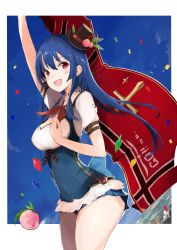 Rule 34 | 1girl, adapted costume, alternate costume, arm up, blue hair, blush, cleavage cutout, clothing cutout, confetti, food, fruit, hat, hat ribbon, hinanawi tenshi, jpeg artifacts, long hair, looking at viewer, open mouth, peach, puffy sleeves, red eyes, ribbon, short sleeves, sky, smile, solo, tetsurou (fe+), touhou, underbust