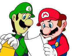 Rule 34 | 2boys, blue eyes, brothers, brown hair, envelope, facial hair, frown, gloves, hand on another&#039;s chin, hat, letter, lowres, luigi, male focus, mario, mario (series), multiple boys, mustache, nintendo, paper, siblings, super mario bros. 1, suspenders, white background