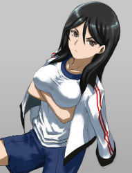 Rule 34 | 1girl, bad id, bad pixiv id, belko, black hair, breast hold, breasts, brown eyes, crossed arms, face, frown, fukiyose seiri, gym uniform, jacket, jacket on shoulders, large breasts, long hair, shirt, solo, taut clothes, taut shirt, toaru majutsu no index