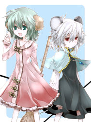 Rule 34 | 2girls, animal ears, bad id, bad pixiv id, bamboo broom, broom, capelet, dowsing rod, dress, female focus, green eyes, green hair, grey dress, hand to own mouth, jewelry, kasodani kyouko, mouse ears, mouse tail, multiple girls, nazrin, necklace, open mouth, pendant, pink dress, pink skirt, shirt, silver hair, skirt, smile, tail, toraneko, touhou