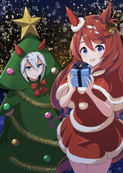 Rule 34 | 2girls, alternate costume, animal ears, blue eyes, blurry, blush, bokeh, box, braid, breasts, brown hair, capelet, christmas tree costume, closed mouth, depth of field, gift, gift box, gloves, green gloves, grey hair, highres, holding, holding box, horse ears, horse girl, horse tail, jitome, large breasts, long hair, looking at viewer, multiple girls, open mouth, pom pom (clothes), red shirt, red skirt, santa costume, shiromaru illust, shirt, single braid, skirt, smile, standing, super creek (umamusume), symboli rudolf (christmas emperor tree) (umamusume), symboli rudolf (umamusume), tail, tamamo cross (umamusume), umamusume