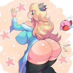 Rule 34 | 1boy, 1girl, ass, ass focus, bare shoulders, blonde hair, breasts, crown, dress, drooling, earrings, from behind, green eyes, highres, huge ass, jewelry, kirby, kirby (series), large breasts, long hair, looking at viewer, looking back, mario (series), nintendo, pinkkoffin, rosalina, shiny clothes, shiny skin, sideboob, super mario galaxy, super smash bros., thick thighs, thighhighs, thighs, thong, very long hair
