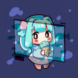 Rule 34 | 1girl, air bubble, alternate eye color, aquarium, black eyes, blue dress, blue hair, blunt bangs, blush stickers, bow, bright pupils, bubble, chibi, collared dress, commentary request, covered mouth, dress, eating, fish, food, glass, hair bow, hair intakes, highres, holding, holding food, holding ice cream, ice cream, kotonoha aoi, long sleeves, looking at animal, looking to the side, moffuffu, pink bow, puffy long sleeves, puffy sleeves, purple background, school of fish, short dress, sidelocks, silhouette, solo, standing, two-handed, voiceroid, white pupils