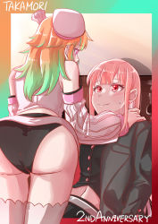 Rule 34 | 2girls, absurdres, blush, breasts, chef hat, closed mouth, clothes lift, earrings, feather earrings, feathers, gradient hair, hat, highres, hololive, hololive english, jewelry, long hair, long sleeves, looking at another, looking down, looking up, miniskirt, mori calliope, multicolored hair, multiple girls, orange hair, panties, pink hair, purple eyes, red eyes, skirt, skirt lift, smile, standing, sweatdrop, takanashi kiara, tomboy, underwear, virtual youtuber, xu chin-wen, yuri
