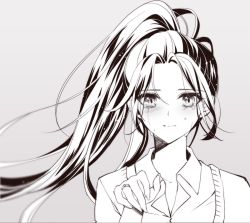 Rule 34 | 1girl, casual, collared shirt, crying, grey background, greyscale, jewelry, kaoruru (sakuno2911), light smile, looking at viewer, monochrome, overwatch, overwatch 1, ponytail, portrait, ring, shirt, simple background, sketch, smile, solo, streaming tears, tears, white background, widowmaker (overwatch)