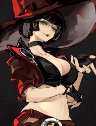 Rule 34 | 1girl, absurdres, arc system works, artist name, black background, black choker, black hair, blue eyes, blunt bangs, bob cut, breast hold, breasts, choker, cleavage, collarbone, crop top, fingerless gloves, gloves, green-tinted eyewear, guilty gear, guilty gear strive, hand on headwear, hand up, hat, heterochromia, highres, i-no, large breasts, looking at viewer, looking over eyewear, looking to the side, midriff, mole, mole above mouth, parted lips, red eyes, red lips, shaded face, short hair, short sleeves, simple background, solo, sunglasses, tinted eyewear, upper body, witch hat
