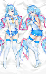 Rule 34 | 1girl, absurdres, ahoge, ass, bilibili, blue eyes, blue hair, blush, breasts, character request, dakimakura (medium), hair ornament, high heels, highres, long hair, looking at viewer, lying, medium breasts, multiple views, on back, smile, thighhighs, twintails, white background, white thighhighs, xiao yao shi da yaoguai, yellow neckwear