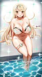Rule 34 | 1girl, absurdres, awesomeerix, blonde hair, breasts, chest jewel, gem, headpiece, highres, large breasts, long hair, mythra (radiant beach) (xenoblade), mythra (xenoblade), one-piece swimsuit, ribbed swimsuit, solo, strapless, strapless one-piece swimsuit, striped clothes, striped one-piece swimsuit, swept bangs, swimsuit, tiara, vertical-striped clothes, vertical-striped one-piece swimsuit, very long hair, white one-piece swimsuit, xenoblade chronicles (series), xenoblade chronicles 2, yellow eyes