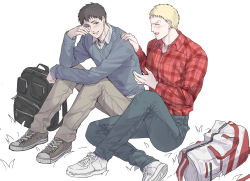 Rule 34 | 2boys, backpack, bag, bertolt hoover, black eyes, black hair, blonde hair, casual, collared shirt, contemporary, couple, cute potato (cute potato ner), denim, full body, hand on another&#039;s shoulder, highres, jeans, male focus, multiple boys, pants, pectorals, red shirt, reiner braun, shingeki no kyojin, shirt, shoes, short hair, sitting, smile, sneakers, tight clothes, tight shirt, yaoi