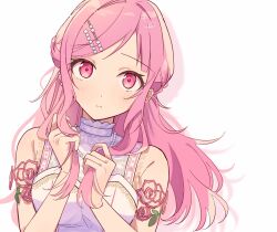 Rule 34 | 1girl, bead necklace, beads, blush, closed mouth, commentary request, floral print, hair ornament, hairpin, highres, holding, holding hair, jewelry, long hair, looking at viewer, multiple hairpins, necklace, official alternate costume, official alternate hair length, official alternate hairstyle, ootori emu, pink eyes, pink hair, project sekai, solo, tonari ni tatsu yasashii anata e (project sekai), upper body, white background, zu tonatuyasumi