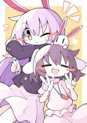 Rule 34 | 2girls, :&lt;, absurdres, animal ears, asameshi, black hair, black jacket, blazer, blush stickers, buttoned cuffs, buttons, carrot necklace, closed eyes, closed mouth, double v, dress, hair between eyes, highres, inaba tewi, jacket, jewelry, light purple hair, long hair, long sleeves, multiple girls, necklace, one eye closed, open mouth, pink dress, rabbit ears, red eyes, reisen udongein inaba, short hair, short sleeves, skirt, smile, touhou, v, white skirt