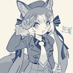 Rule 34 | 1girl, absurdres, animal ears, blazer, gloves, hat, highres, inada roku, island fox (kemono friends), jacket, kemono friends, kemono friends v project, long hair, looking at viewer, necktie, open mouth, school uniform, shirt, shoes, silver hair, simple background, skirt, smile, solo, tail, twintails, virtual youtuber
