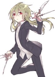Rule 34 | 1boy, androgynous, formal, green hair, hijiri (resetter), knife, long hair, looking at viewer, male focus, original, red eyes, simple background, solo, suit, throwing knife, trance (hijiri), weapon, white background